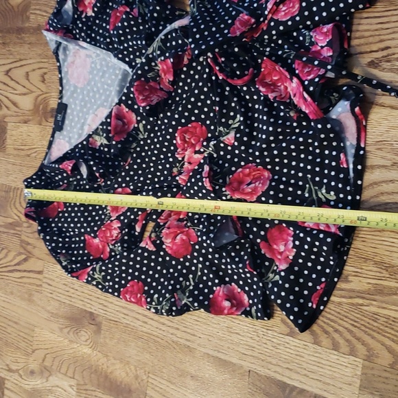 (M) I.N. San Francisco Soft Floral Print Wrap Top Statement Sleeves Ruffle Trim - Picture 4 of 9